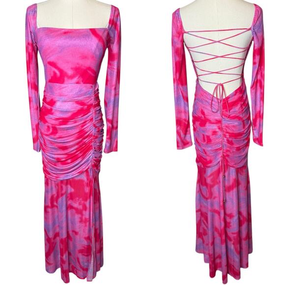 Selfie Leslie Apryl Long Sleeve Lace-Up Back Ruched Maxi Dress Pink size Medium - Picture 2 of 5